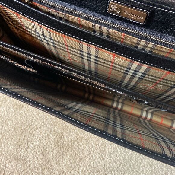 BURBERRY BLACK LEATHER BREIFCASE CROSSBODY WITH PLAID CHECKERED INTERIOR - Picture 11 of 12